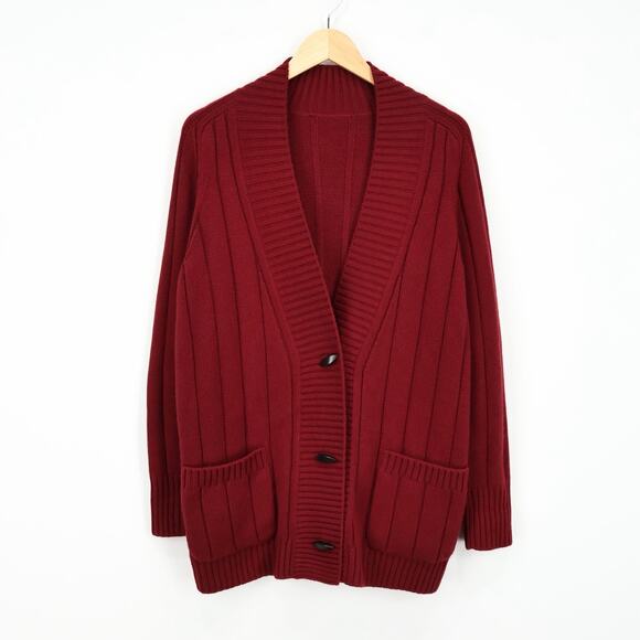 Loro Piana 100% Baby Cashmere Chunky Knit Bordeaux Red Cardigan Size 46 Flawed - Picture 1 of 12
